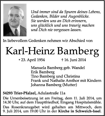 Todesanzeige von Karl-Heinz Bamberg von trierischer_volksfreund