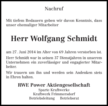 Todesanzeige von Wolfgang Schmidt von trierischer_volksfreund