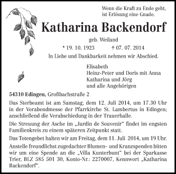 Todesanzeige von Katharina Backendorf von trierischer_volksfreund