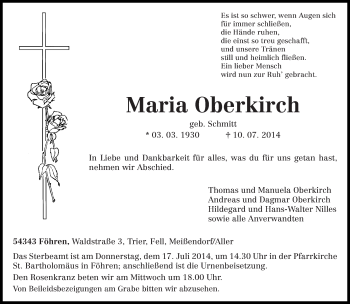 Todesanzeige von Maria Oberkirch von trierischer_volksfreund