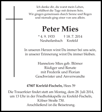 Todesanzeige von Peter Mies von trierischer_volksfreund