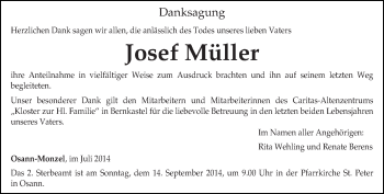Todesanzeige von Josef Müller von trierischer_volksfreund