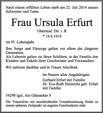 Todesanzeige von Ursula Erfurt von trierischer_volksfreund