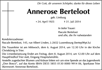 Todesanzeige von Annerose Berteloot von trierischer_volksfreund