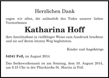 Todesanzeige von Katharina Hoff von trierischer_volksfreund