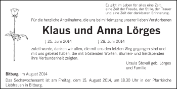 Todesanzeige von Klaus und Anna Lörges von trierischer_volksfreund