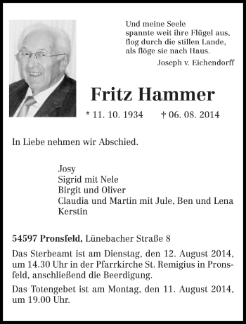 Todesanzeige von Fritz Hammer von trierischer_volksfreund