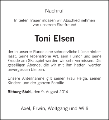 Todesanzeige von Toni Elsen von trierischer_volksfreund