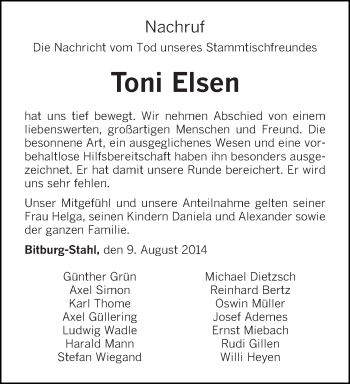 Todesanzeige von Toni Elsen von trierischer_volksfreund