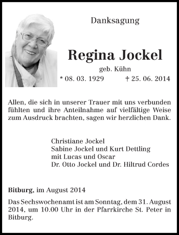 Todesanzeige von Regina Jockel von trierischer_volksfreund