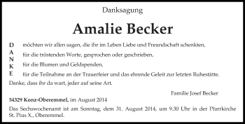 Todesanzeige von Amalie Becker von trierischer_volksfreund