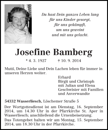 Todesanzeige von Josefine Bamberg von trierischer_volksfreund