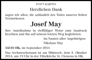 Todesanzeige von Josef May von trierischer_volksfreund