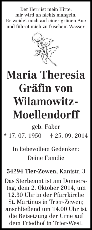 Todesanzeige von Maria Theresia Gräfin von Wilamowitz-Moellendorf von trierischer_volksfreund