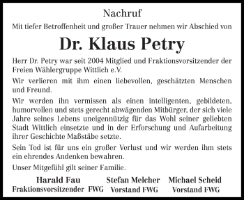 Todesanzeige von Klaus Petry von trierischer_volksfreund