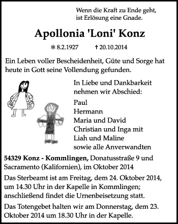 Todesanzeige von Apollina Konz von trierischer_volksfreund