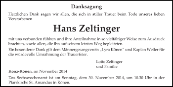 Todesanzeige von Hans Zeltinger von trierischer_volksfreund