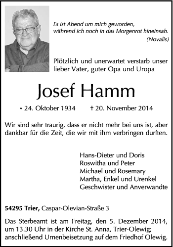 Todesanzeige von Josef Hamm von trierischer_volksfreund