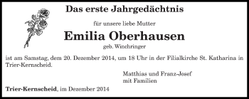 Todesanzeige von Emilia Oberhausen von trierischer_volksfreund