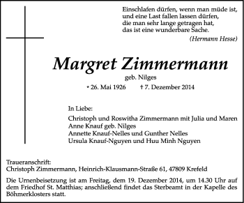 Todesanzeige von Margret Zimmermann von trierischer_volksfreund