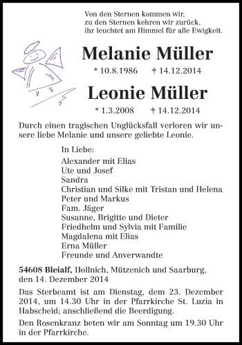 Todesanzeige von Melanie und Leonie Müller von trierischer_volksfreund
