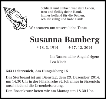 Todesanzeige von Susanna Bamberg von trierischer_volksfreund