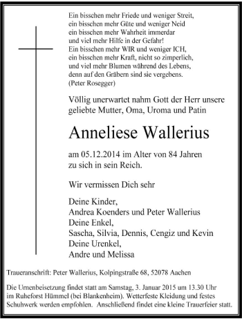Todesanzeige von Anneliese Wallerius von trierischer_volksfreund