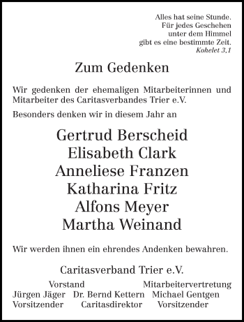 Todesanzeige von Gedenken Caritasverbandes Trier e.V. von trierischer_volksfreund