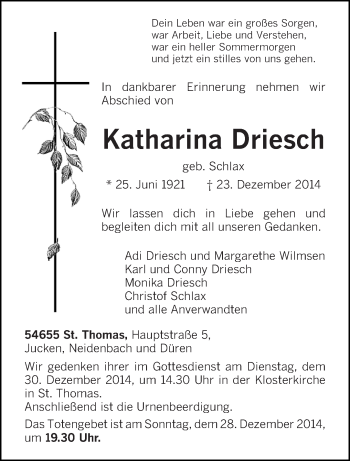 Todesanzeige von Katharina Driesch von trierischer_volksfreund