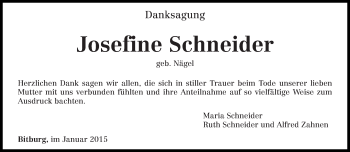 Todesanzeige von Josefine Schneider von trierischer_volksfreund