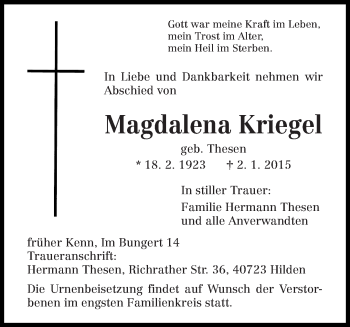 Todesanzeige von Magdalena Kriegel von trierischer_volksfreund
