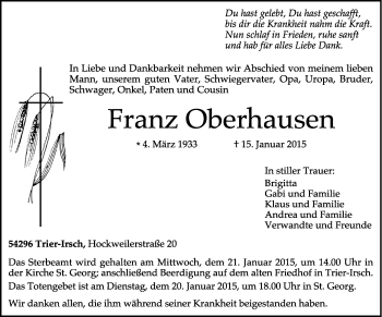 Todesanzeige von Franz Oberhausen von trierischer_volksfreund