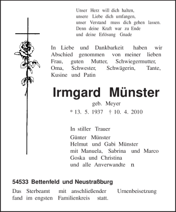 Todesanzeige von Irmgard Münster von TRIERISCHER VOLKSFREUND