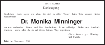 Todesanzeige von Monika Minninger von TRIERISCHER VOLKSFREUND