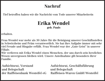 Todesanzeige von Erika Wendel von TRIERISCHER VOLKSFREUND