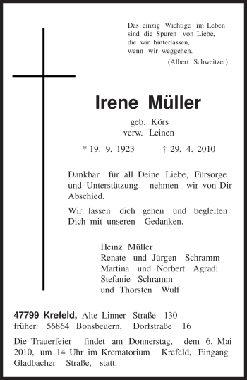 Todesanzeige von Irene Müller von TRIERISCHER VOLKSFREUND
