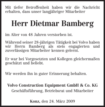 Todesanzeige von Dietmar Bamberg von TRIERISCHER VOLKSFREUND
