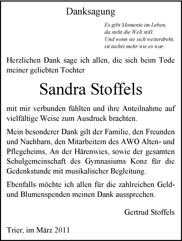  Traueranzeige für Sandra Stoffels vom 23.03.2011 aus TRIERISCHER VOLKSFREUND