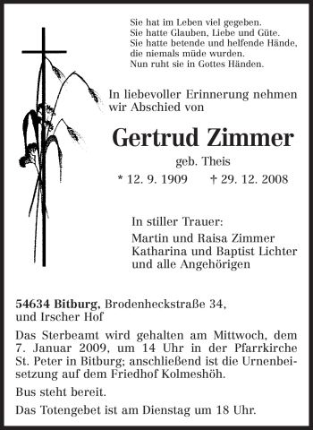 Todesanzeige von Gertrud Zimmer von TRIERISCHER VOLKSFREUND