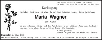 Todesanzeige von Maria Wagner von TRIERISCHER VOLKSFREUND