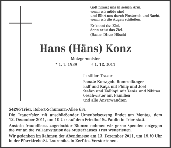 Todesanzeige von Hans Konz von TRIERISCHER VOLKSFREUND