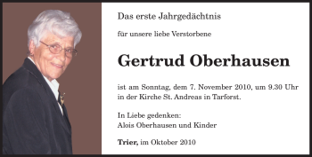 Todesanzeige von Gertrud Oberhausen von TRIERISCHER VOLKSFREUND