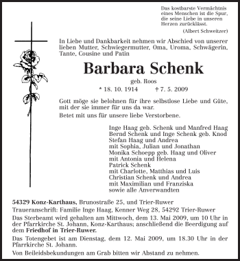 Todesanzeige von Barbara Schenk von TRIERISCHER VOLKSFREUND