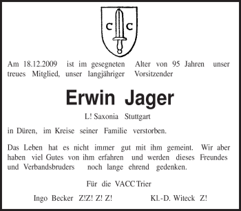 Todesanzeige von Erwin Jager von TRIERISCHER VOLKSFREUND