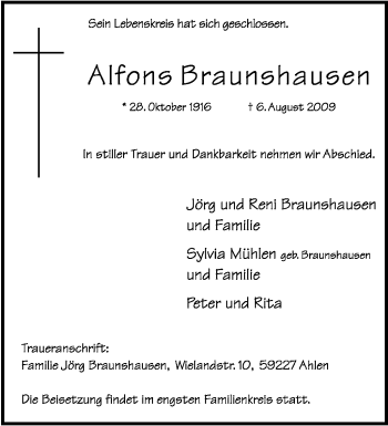 Todesanzeige von Alfons Braunshausen von TRIERISCHER VOLKSFREUND