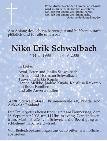 Todesanzeige von Niko Erik Schwalbach von TRIERISCHER VOLKSFREUND