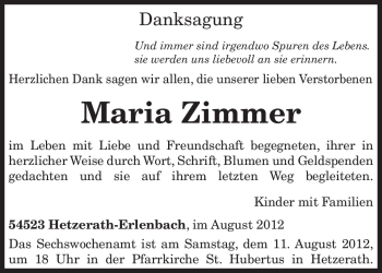 Todesanzeige von Maria Zimmer von TRIERISCHER VOLKSFREUND