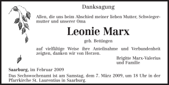 Todesanzeige von Leonie Marx von TRIERISCHER VOLKSFREUND