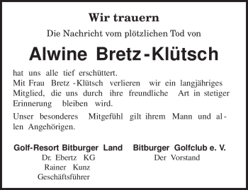 Todesanzeige von Alwine Bretz-Kütsch von TRIERISCHER VOLKSFREUND
