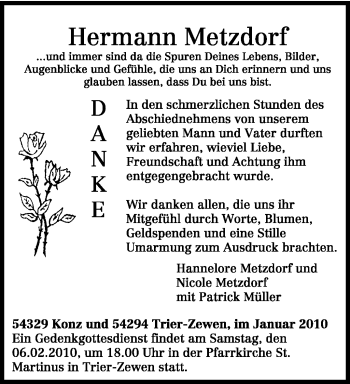 Todesanzeige von Hermann Metzdorf von TRIERISCHER VOLKSFREUND